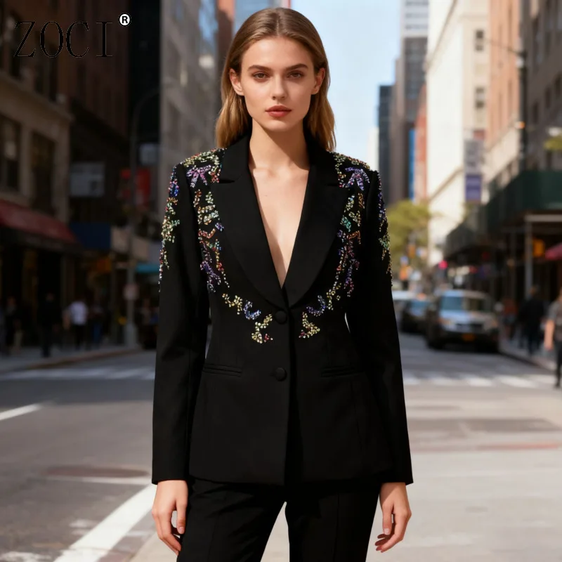 

ZOCI пиджаки со стразами для женщин, пиджаки в стиле пэчворк, женские пальто с зубчатым воротником, уникальный дизайн, осень 2021, новые топы