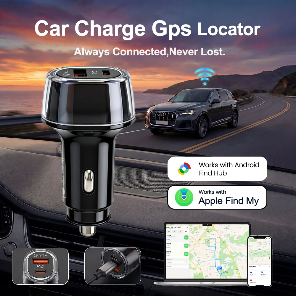 Car Charge GPS Locator Tracker 20W USB Phone Charger Fast Charging Type C QC3.0 With iPhone Find My Apple Official App