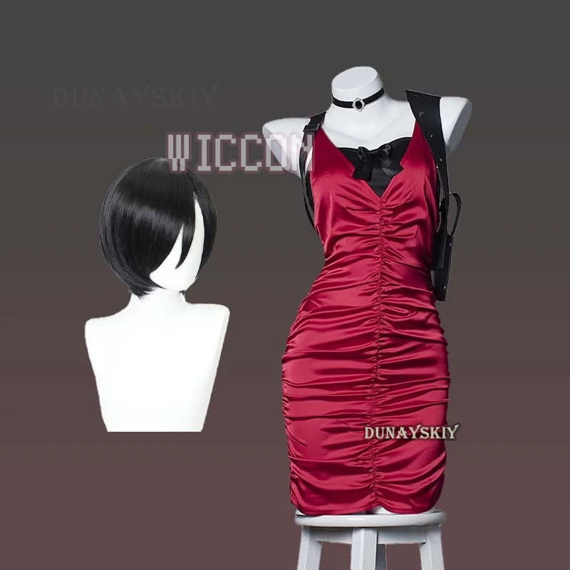 Female Resident 4 Ada Wong Cosplay Evil Costume Cheongsam Dress Red Ada Wig Shoes Halloween Carnival Disguise Suit Women Girls