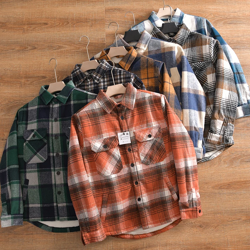 Thickened Flannel Plaid Shirt Style Cotton Jacket for Men Winter Warm Fleece Lined Turn-down Collar Outerwear Coat