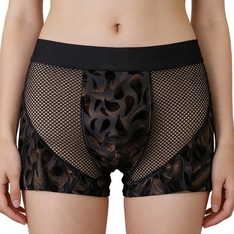 1pc Men's Mesh Sheer Briefs Flocked Print Mesh Patchwork Boxer Shorts Bulge Pouch Underwear Comfortable Breathable Trunks