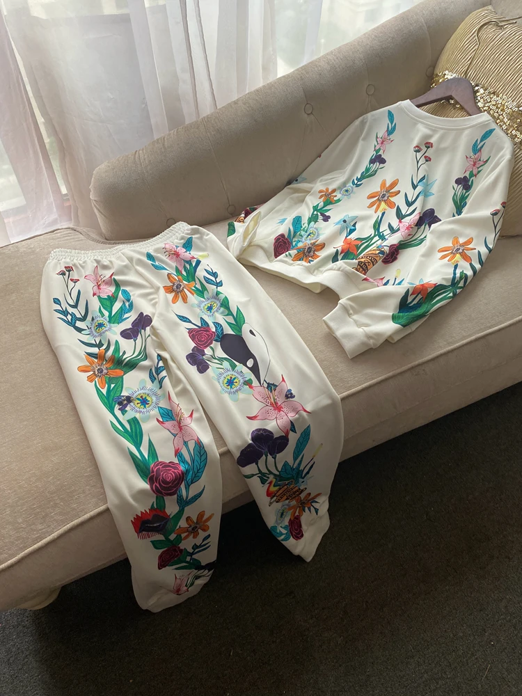 Autumn Vintage Women Floral Printed Two Piece Running Set High Quality Outdoor Sports Suit Sweatshirt Pants Jogging Tracksuit