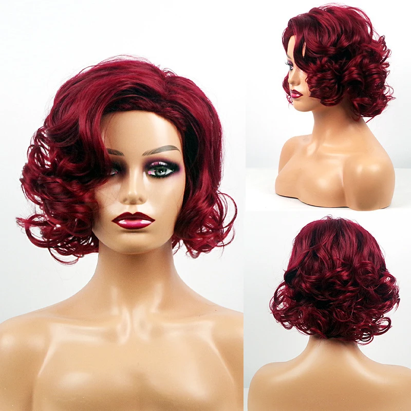 's , new European and American wigs, women's burgundy medium-short synthetic fiber wig