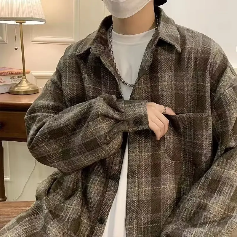 Checkered shirt, men's long sleeved Hong Kong style high-end jacket, spring and autumn top, autumn trendy brand workwear shirt