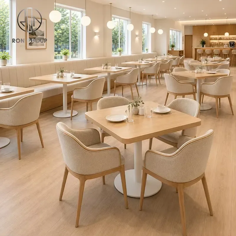 Ron Group Commercial Restaurant Furniture Wooden Square Table Comfortable Booth Seating Fabric Upholstered Chair