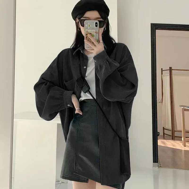 Spring Autumn New Korean Fashion Buttons Solid Color Loose Blouse Femme Simplicity Pocket Turn-down Collar Women Shirts Coat