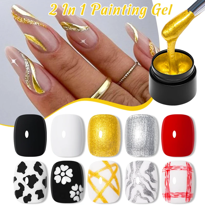 Esmalte de uñas en Gel con pintura en blanco y negro, línea de súper textura, Gel de dibujo de flores, barniz semipermanente para decoración de uñas con LED UV, 8ml