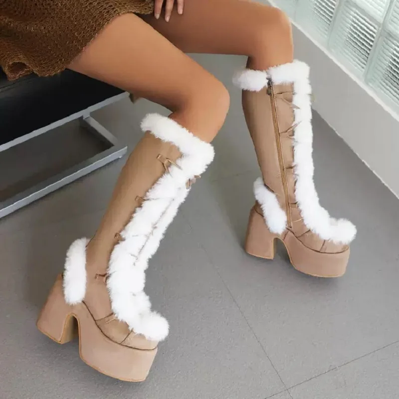 

2025 Autumn/Winter New High Heel Boots for Women, Thick Bottom Suede Long Heel Boots, Fashionable Thick Heel Cotton Boots