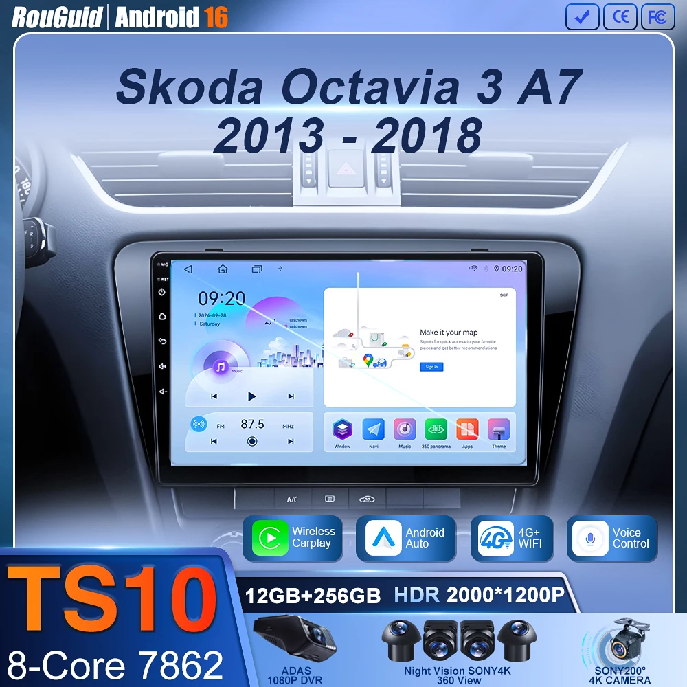 Android 16 For Skoda Octavia 3 A7 2013 - 2018 Carplay Auto Stereo 4G+WIFI GPS Car Radio Navigation Multimedia Video Player