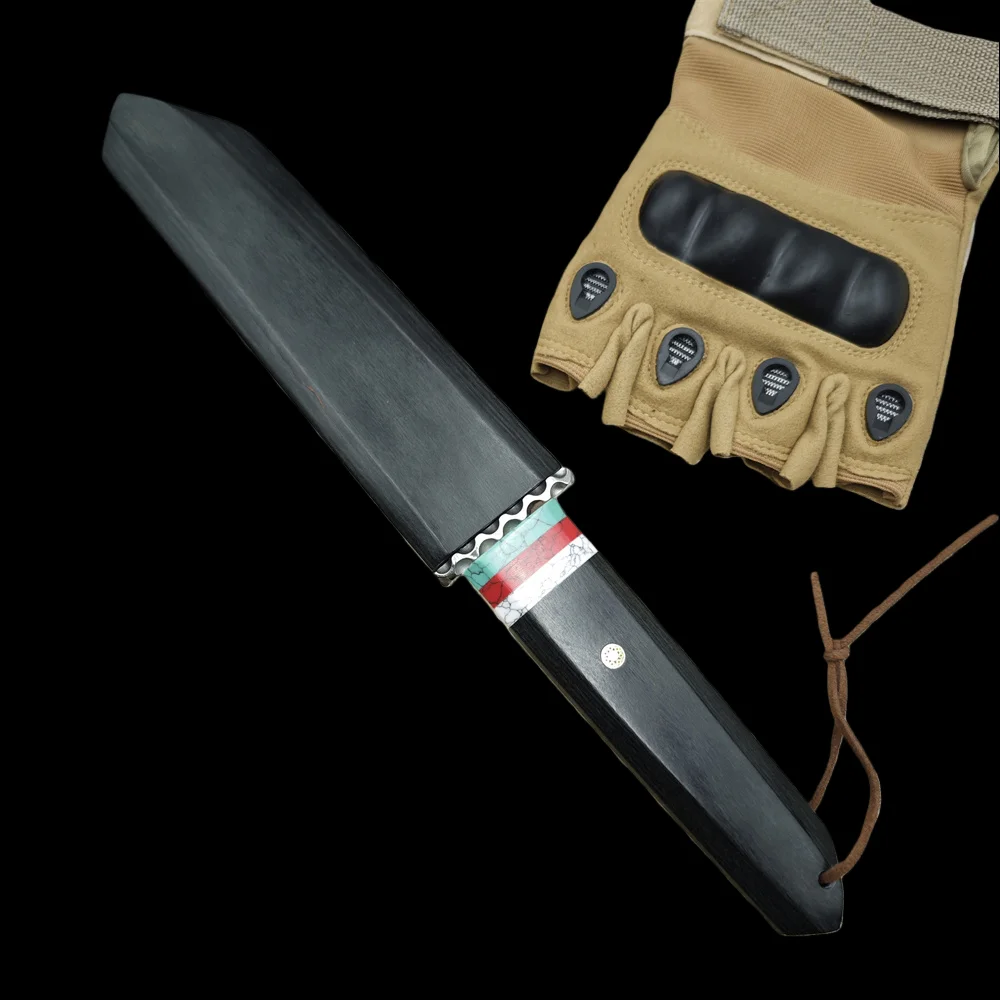Damasco balde ébano alças faca de caça tática com bainha de madeira, ferramentas edc de acampamento ao ar livre com caixa de presente