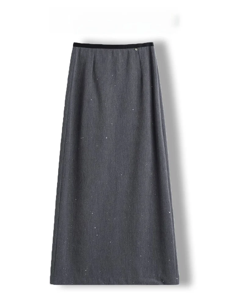

Elegant Grey A-Line Skirt Women's High Waist Shiny Sequin Fashionable Bodycon Skirt Stylish All-Match Long Skirt