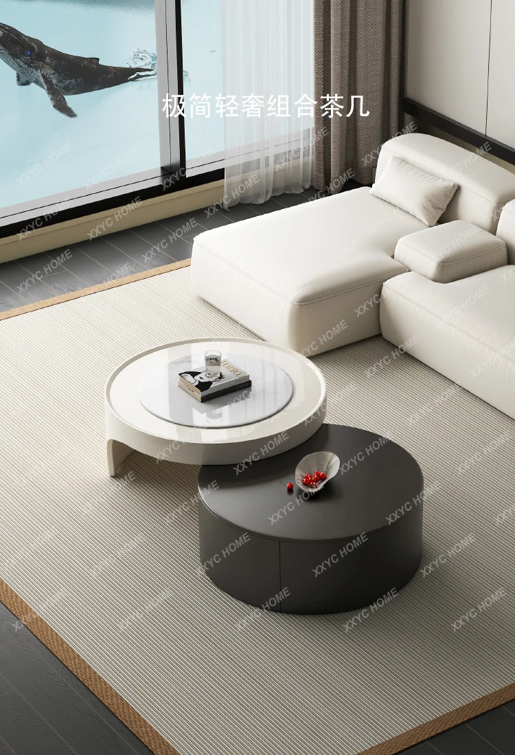 

Cream wind light luxury round coffee table retractable solid wood modern simple living room coffee table