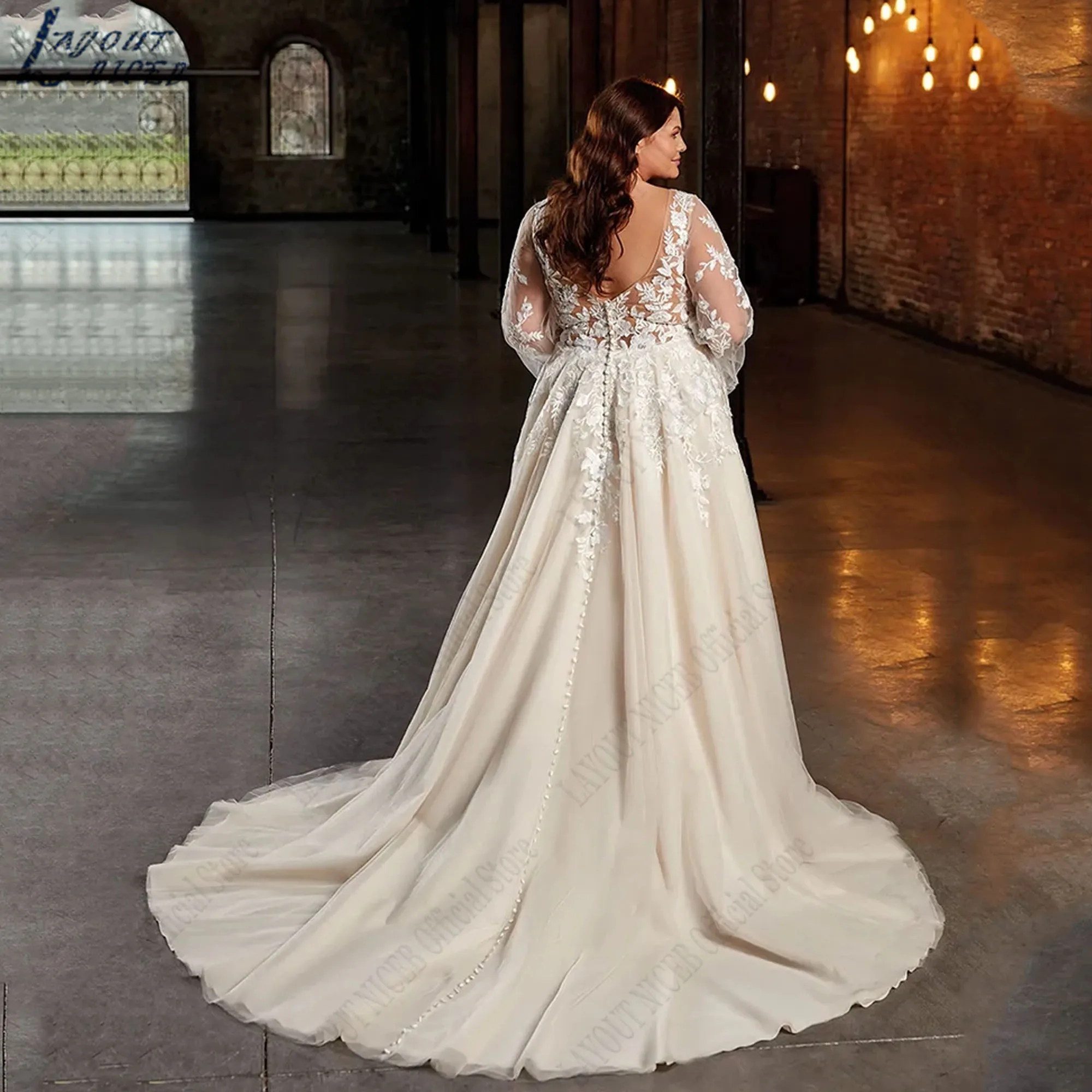 تصميم نيكب كبير الحجم الرقبة فساتين العروس طويلة خط زخارف فساتين الزفاف الأكمام تول عارية الذراعين ثوب ماري مخصص كبير الخامس الرقبة ثوب الزفاف الأكمام الطويلة الخط شارات فستان الزفاف 2024 #2