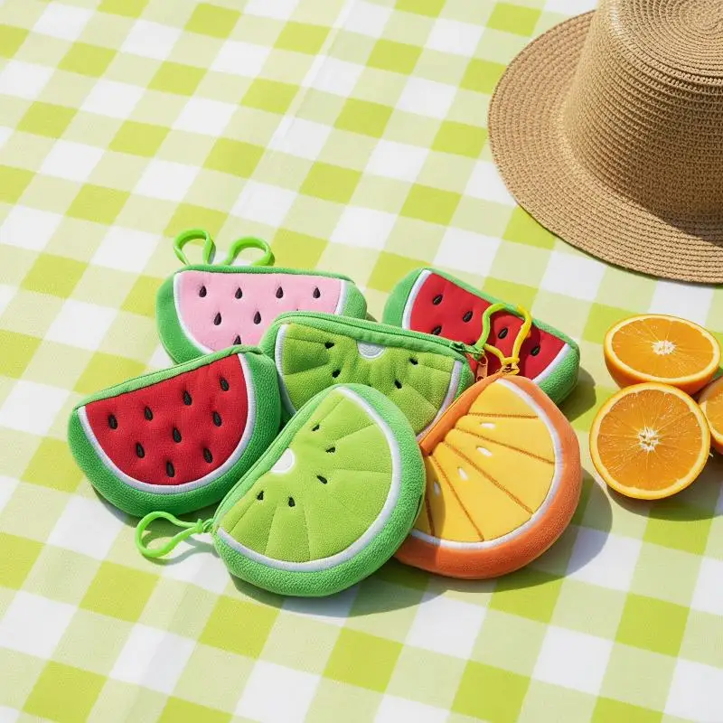 Cute Plush Fruit Slice Wallet Soft Fuzzy Zipper Coin Pouch with Keychain for Kids Teens Portable Outdoor Travel Carry
