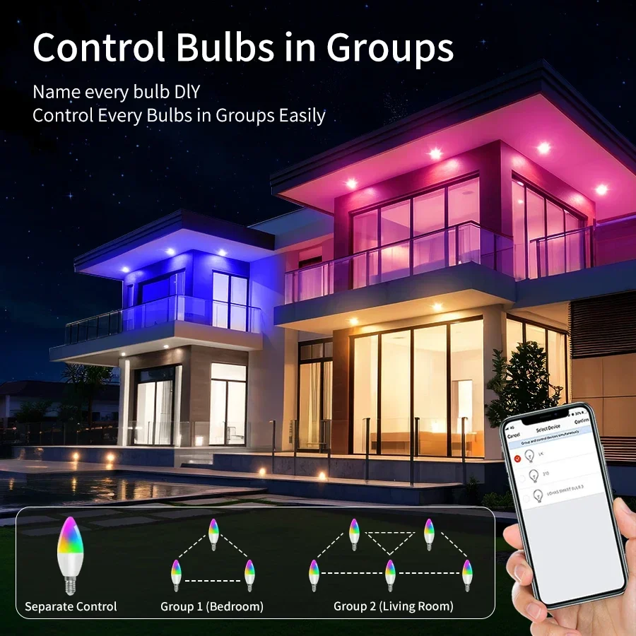 Lâmpadas LED Smart WiFi, lâmpada regulável, controle de voz para aplicativos, funciona com Alexa, Google Home, RGB, Cozylife, 85-265V, 5W, 7W, 9W, E14