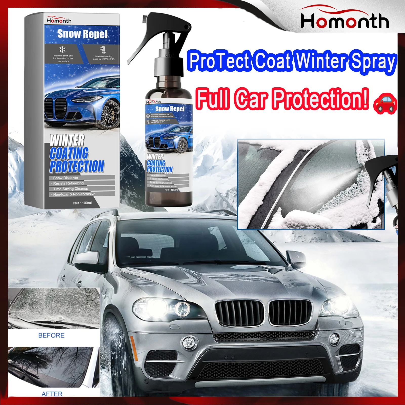 Winter Spray for Car Anti-Ice Snow Shield Prevents Freezing on Windshield Long Lasting Deicer Spray with Resin Coating 100ml