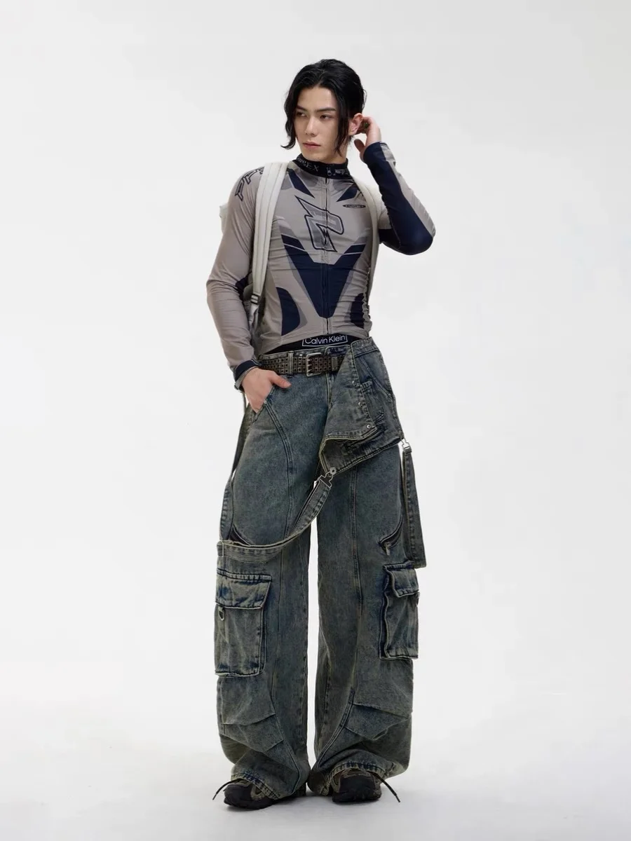 Jeans Wanita Pria Kelas Berat Waed Vintage Tali Dapat Dilepas Celana Kerja Multi-ket Haome Keren untuk Pasangan