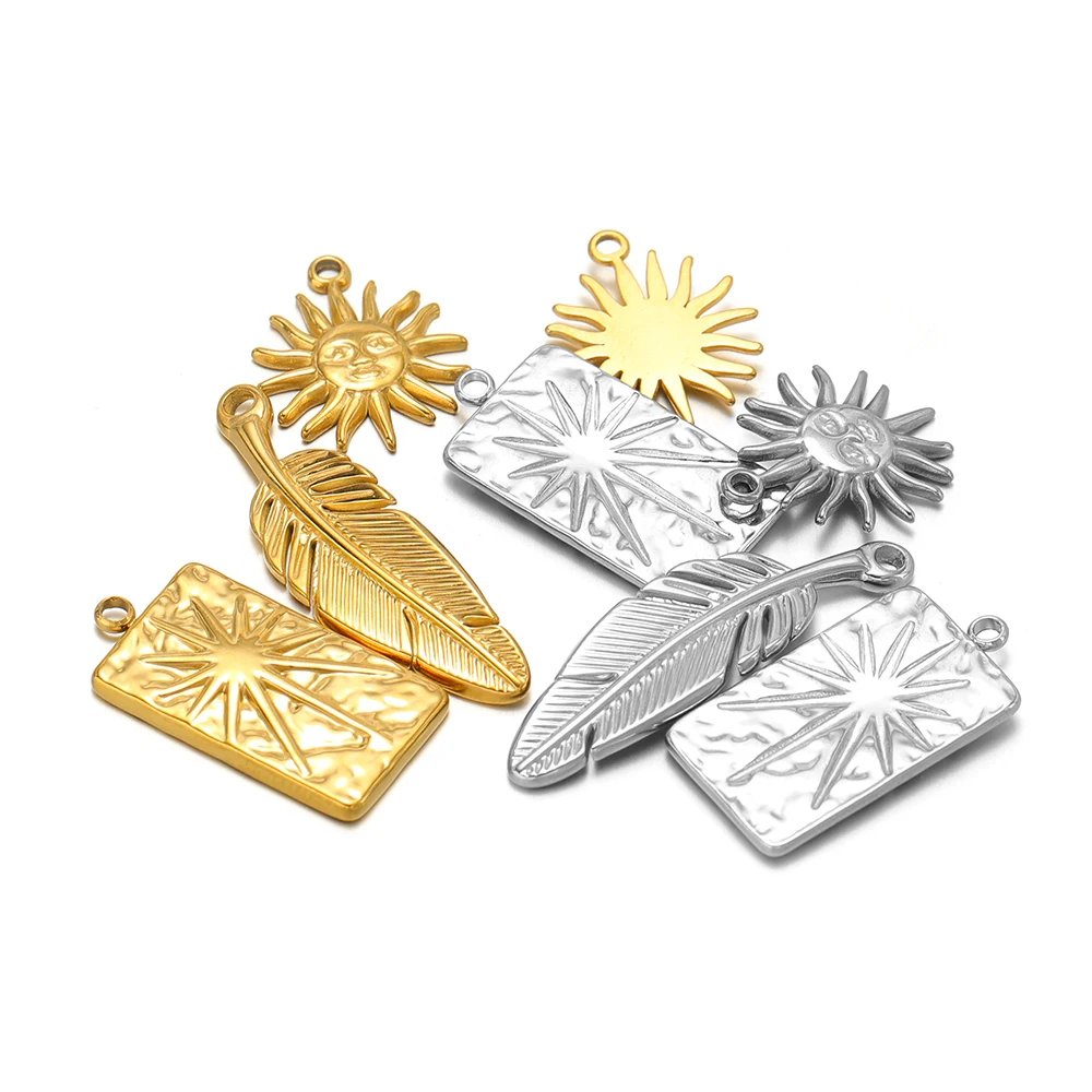 5pcs Stainless Steel Waterproof Rectangle Sun Charms Feather Pendants for DIY Necklace Bracelet Making Earring Jewelry Supplies