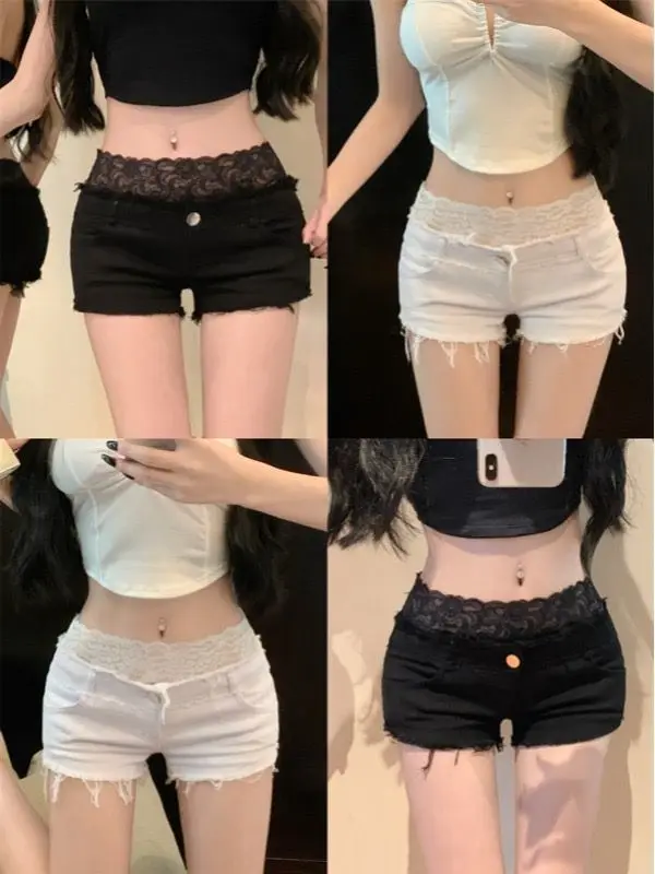 Look mince et taille basse serré Sexy fille chaude Denim pantalons chauds dentelle blanche épissé shorts vous rendre