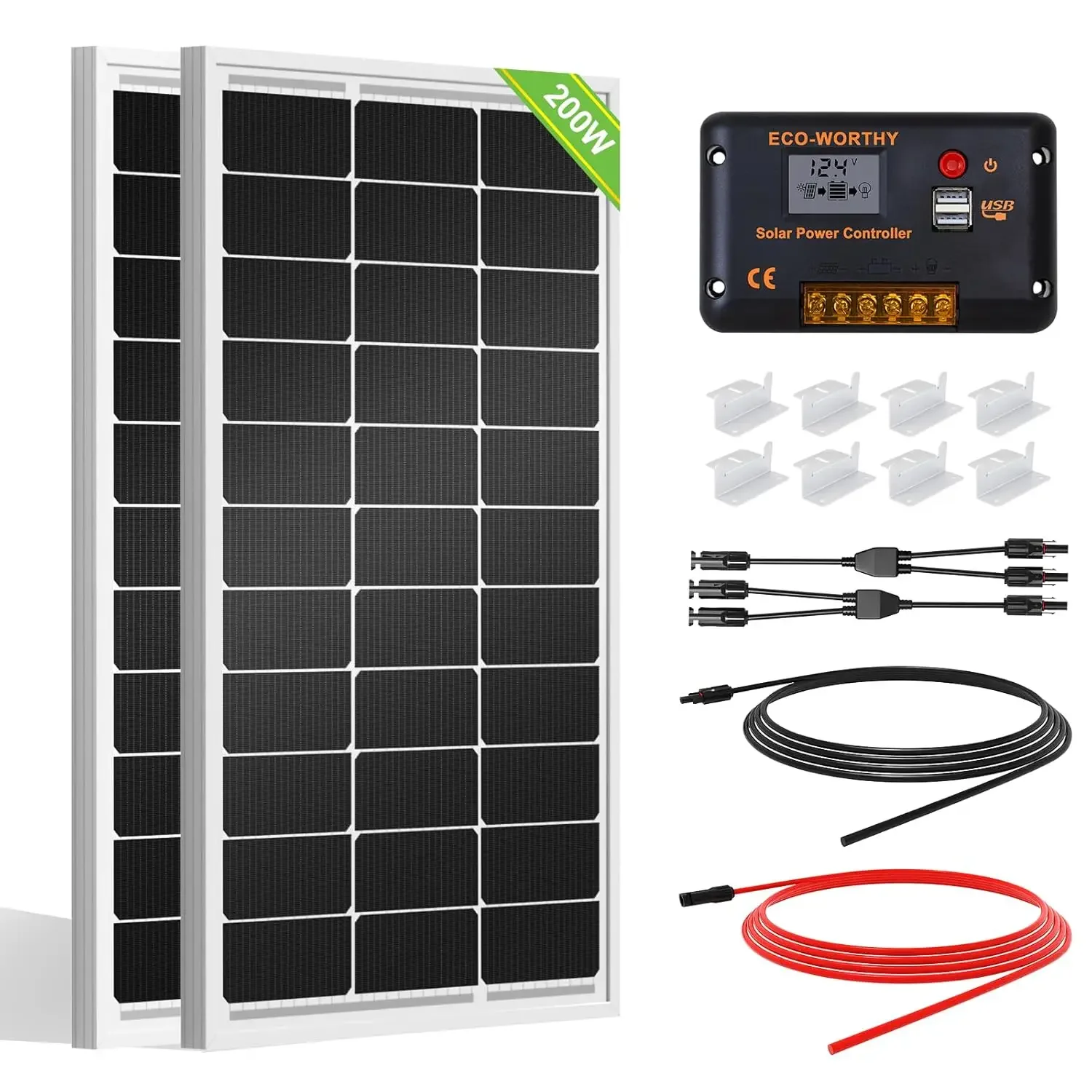 200 Watts 12 Volt/24 Volt Solar Panel Kit with High Efficiency Monocrystalline Solar Panel and 30A PWM Charge Controller for RV