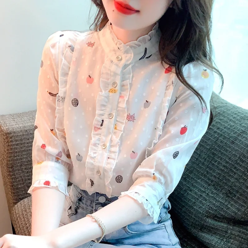 Stand-up Collar Ruffled White Shirt Women 2023 Summer Floral Chiffon Five-point Sleeve Tops Design Casual Blouse 27476