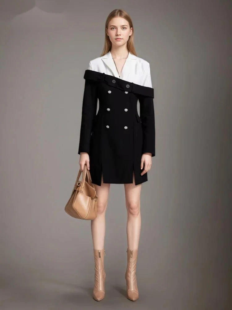 

Fashion Contrast Color Patchwork Suit Dress Women's Lapel Slim Long Sleeves Hem Split Mini Dresses Spring Autum WO8H