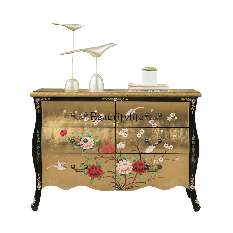 

American and European solid wood glossy gold foil painted living room foyer entrance cabinet multi-functional storage decorative