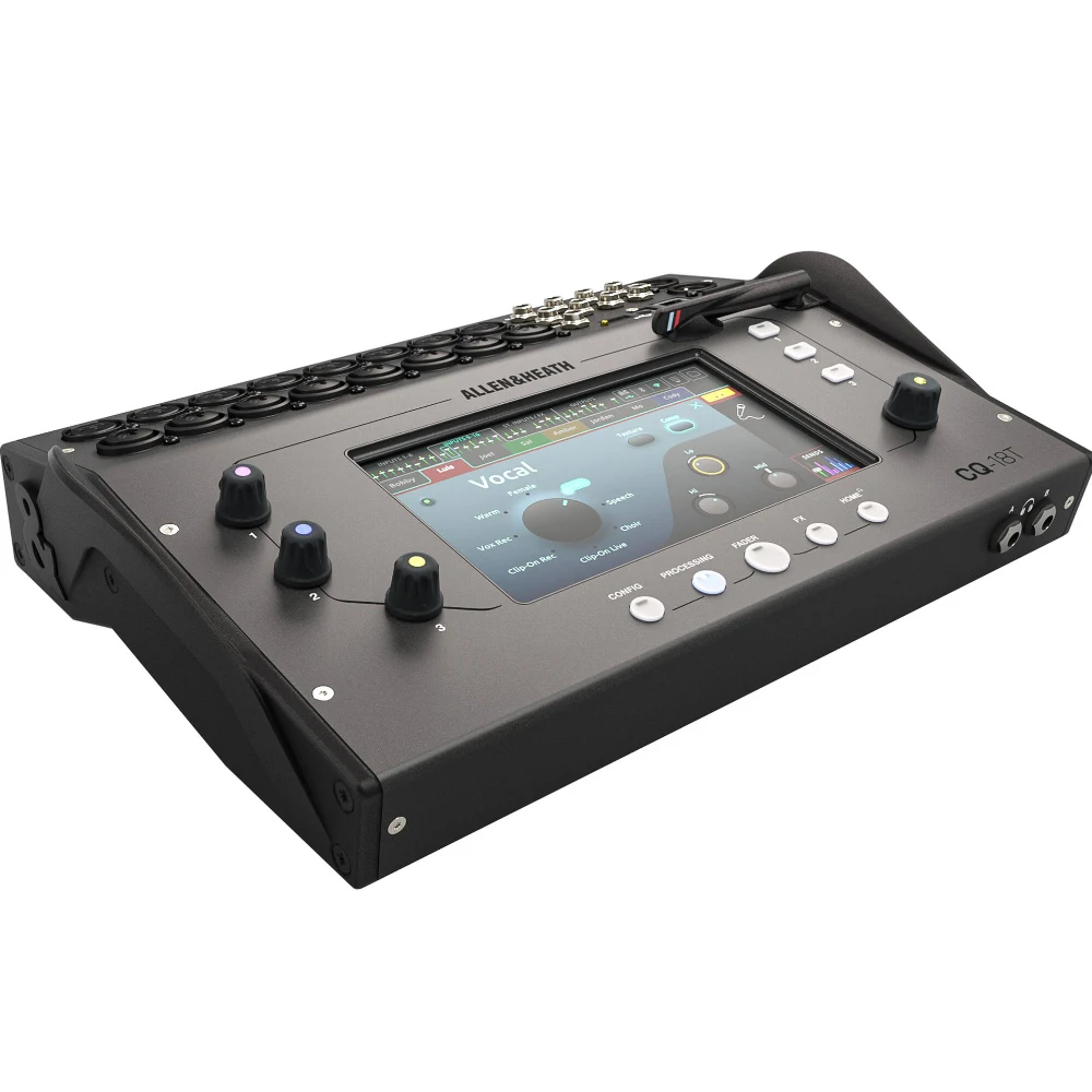 Console mixer digitale Allen & Heath CQ-18T con touchscreen da 7", connettività Wi-Fi e Bluetooth per audio da palco dal vivo