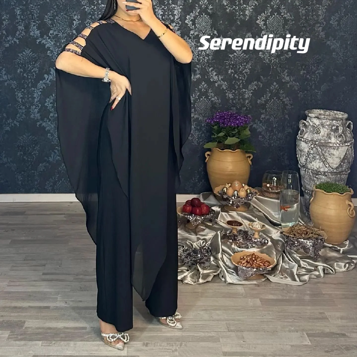 

Serendipity Empire V-neck Ankle-Length RuffleRibbon ZipperUp CapStraps Short Sleeves Elegant WomanRhinestoneFormal Trouser Dress