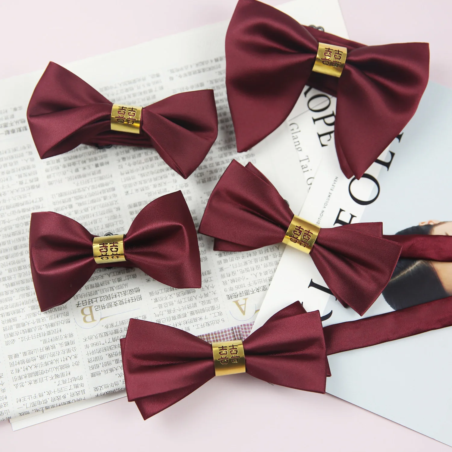 

12*6cm High Quality Wine Solid Double Happiness Core Polyester Bowtie for Man Groom Wedding Accessories Necktie Gift