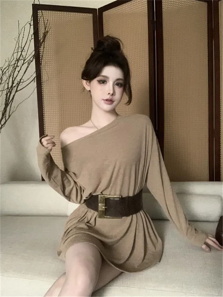 Coffee Color Sexy One Shoulder Loose Mini Dress with Belt Women New Fall Fashion Long Sleeve T Shirt Casual A Line Short Dress