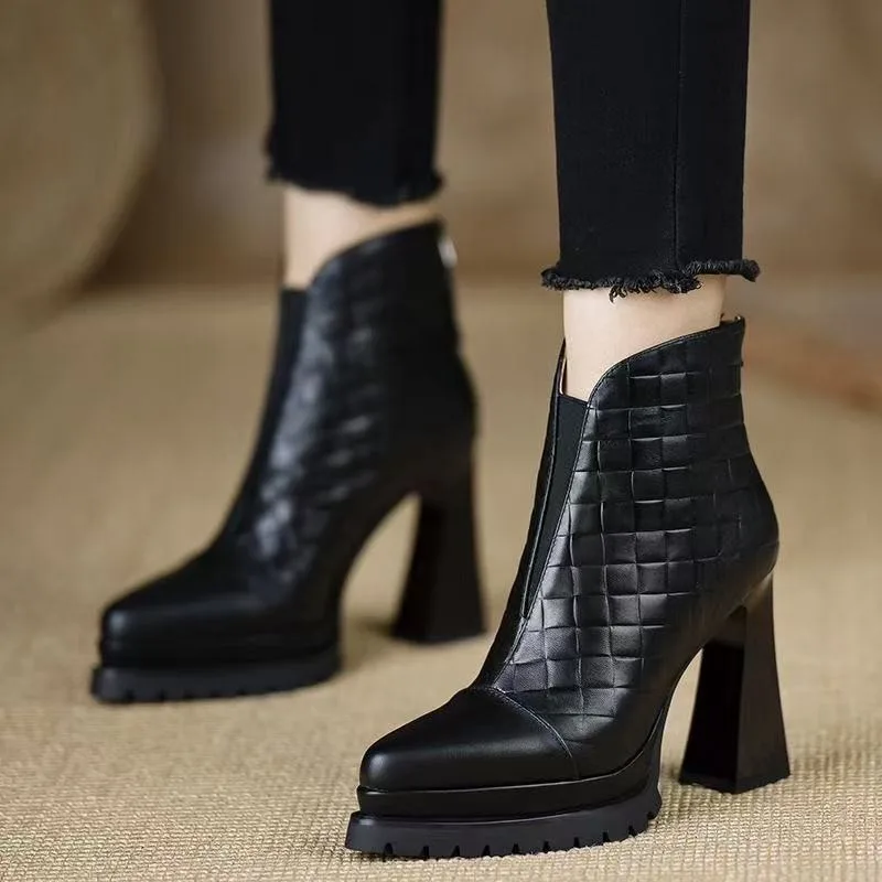 Retro Pointed Toe Waterproof Platform High Heel ort Boots Women's Genuine Leather Thi Bot Heavy Du  Boots