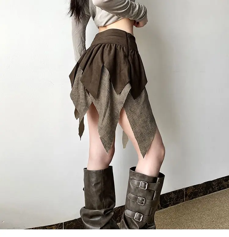 Women's Mini A-Line Skirts Vintage Asymmetrical Streetwear High-Waisted Thin Irregular Design Splicing Slim Fitting Short Skirt