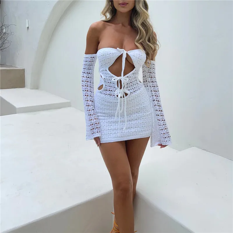 Hirigin kobiety Backless dzianinowa Mini sukienka dzianina szydełkowa drążą Sundress z długim rękawem sznurkiem wiązana sukienka plaża Clubwear