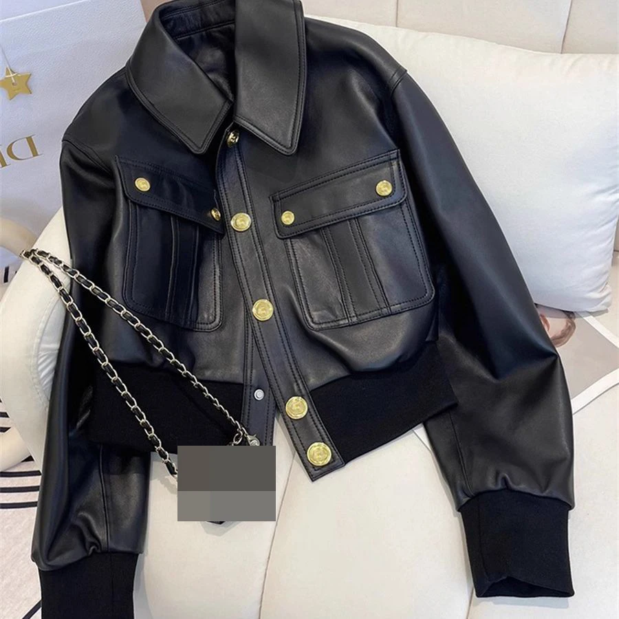 

Black ribbed jacket top women's short 2025 autumn new coat leather jacket women winter jacket