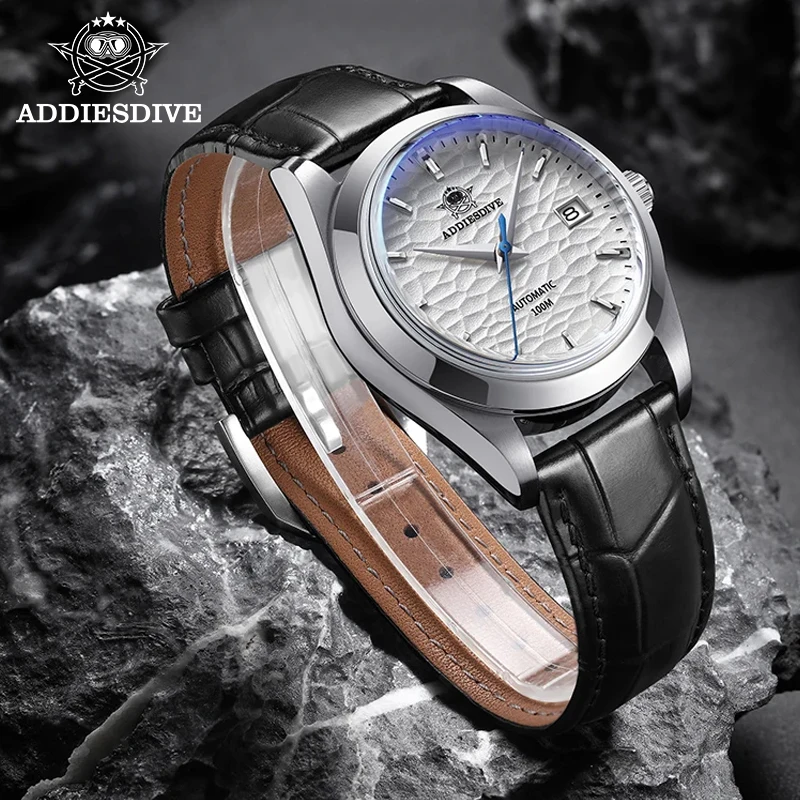 ADDIESDIVE AD2118 biznesowy męski zegarek 100m nurkowanie miękki skórzany pasek okienko kalendarza NH35 automatyczne zegarki mechaniczne reloj hombre