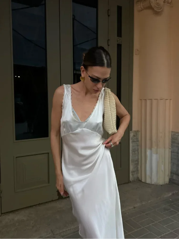 Sexy feminino rendas cetim retalhos maxi vestido casual cor sólida solto fora do ombro vestidos de camisola 2026 senhora novo vestido de festa de praia