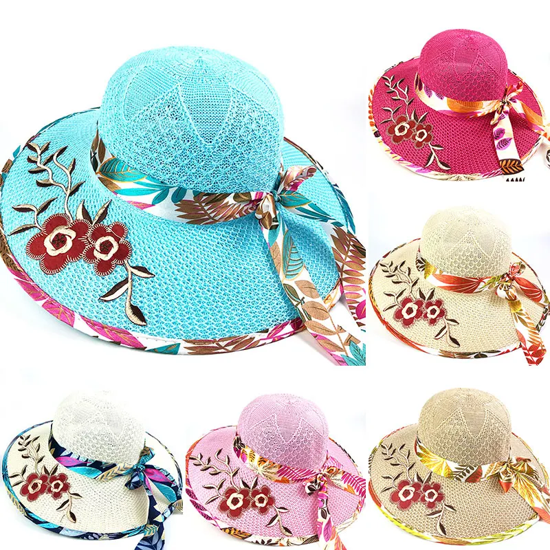 

1pc Embroidery Wide Brim Sun Hat Vintage Cotton Yarn Flower Outdoor Summer Breathable Portable Foldable Elegant Seaside Decorate