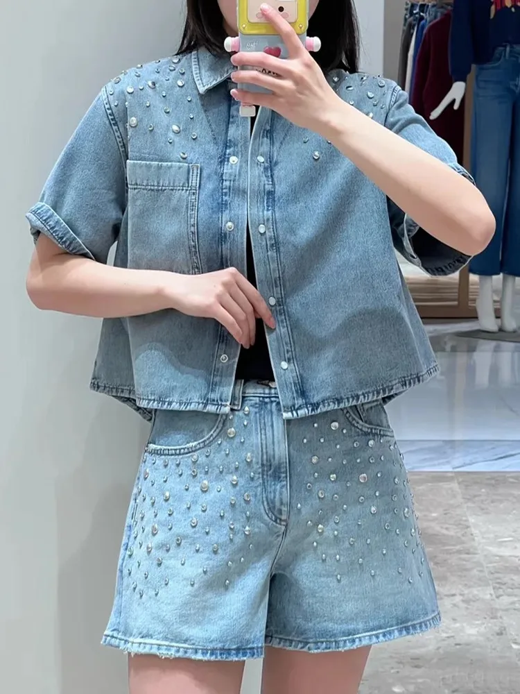

Heavy Du Rivet Collar Denim irt And High Waist orts Set Women's Faion Summer Outfit Cotton Collar Button up