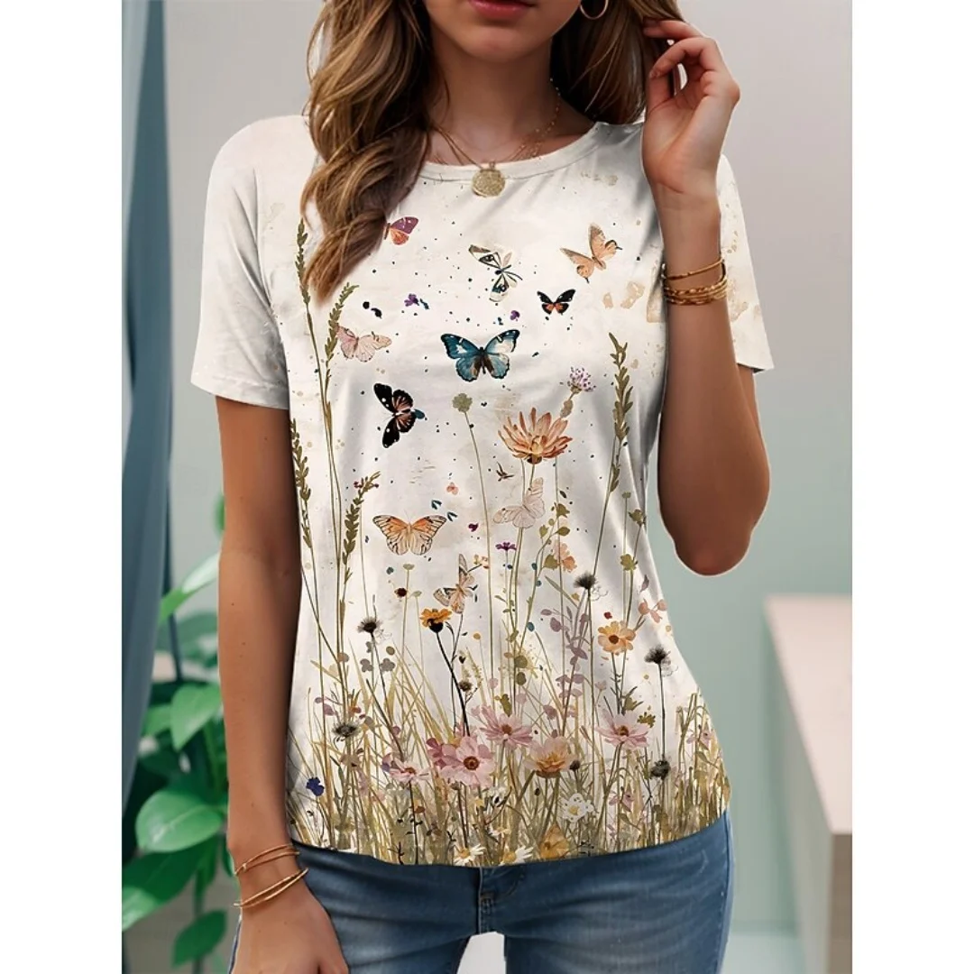 

Summer 3D Digital Print Women's Round Neck Loose Fit Casual Women's T-Shirt Floral Pattern Polyester Short Sleeve Tee Clothing