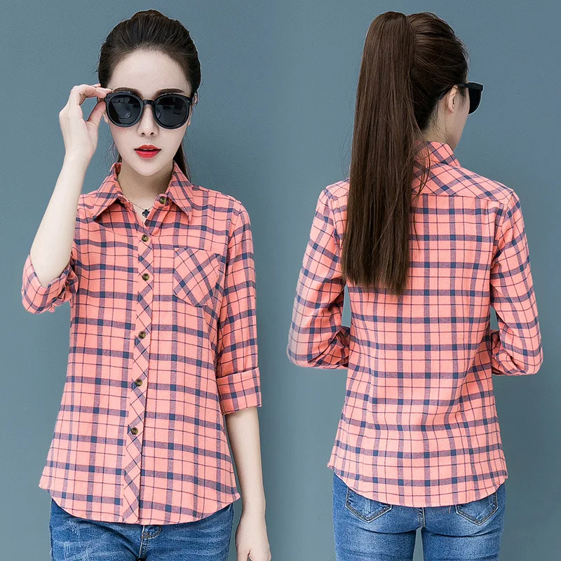 Spring Summer Plaid Long Sleeve Women's Slim Fit Korean Style Coat Shirt Large Size Polyester Fiber Flip Collar Other Pattern