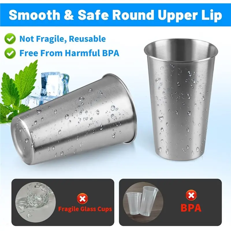 ABUN 16Pack 16 Oz Stainless Steel Pint Cups Metal Drinking Cup Reusable Durable for Home Camping Party Silver