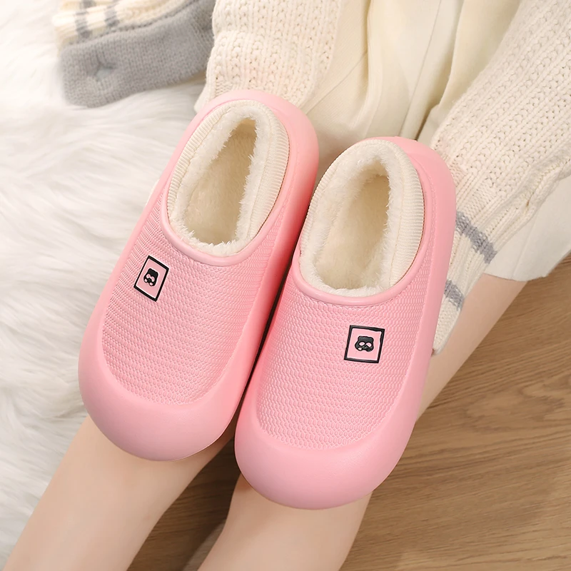 Women's Home Cotton Slippers Indoor Closed Heel Closed Toe Shoes Fleece-Lined Thickened Warm Autumn and Winter Flat Solid Color Cute Eva Waterproof Non-Slip