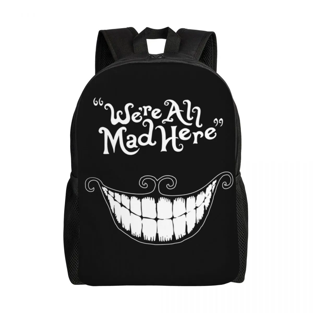 Mochila personalizada para ordenador portátil para hombre y mujer, bolsa informal para estudiantes universitarios, bolso de animales de gato de Cheshire, We Are All Mad Here