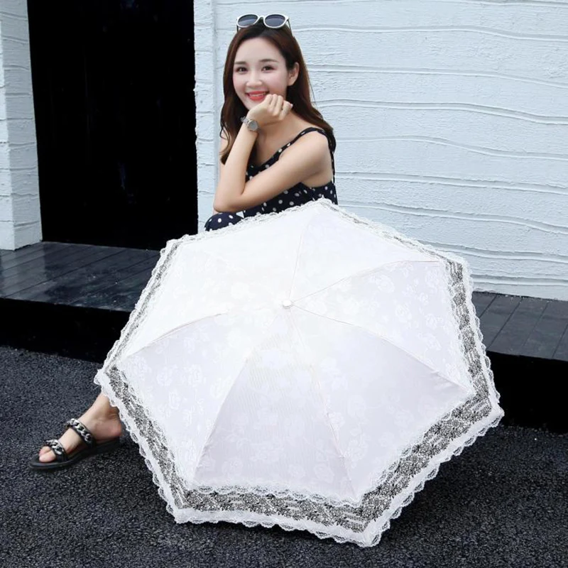 Woman Princess Lace 3 Folding Rain Umbrella Female Outdoor Wind Resistant UV Protection Parasol White Pink Classic Vintage Gift