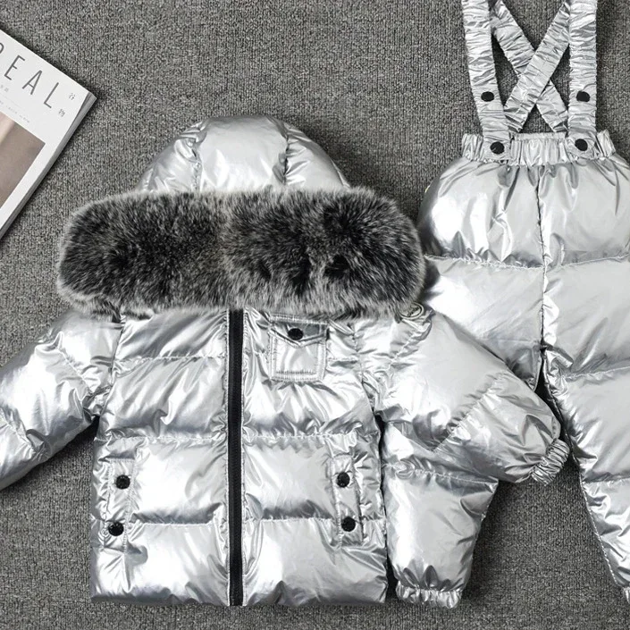 New Winter 2023 Kids Boutique Clothing 2 Pieces Sets Down Jacket Suspender Trousers Big Fur Collar Warm Soft Unisex Ski Suit