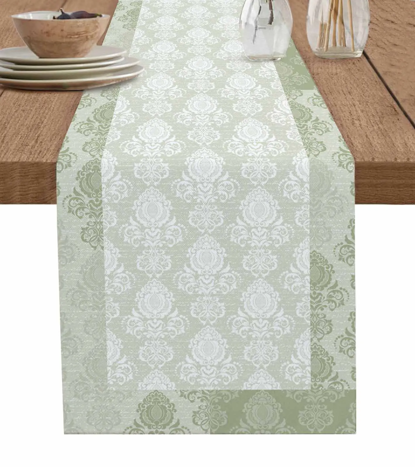 Retro Mottled Sage Green European Pattern Table Runners for Dining Room Home Decoration Tablecloth 4/6 Pcs Placemats Table Cover