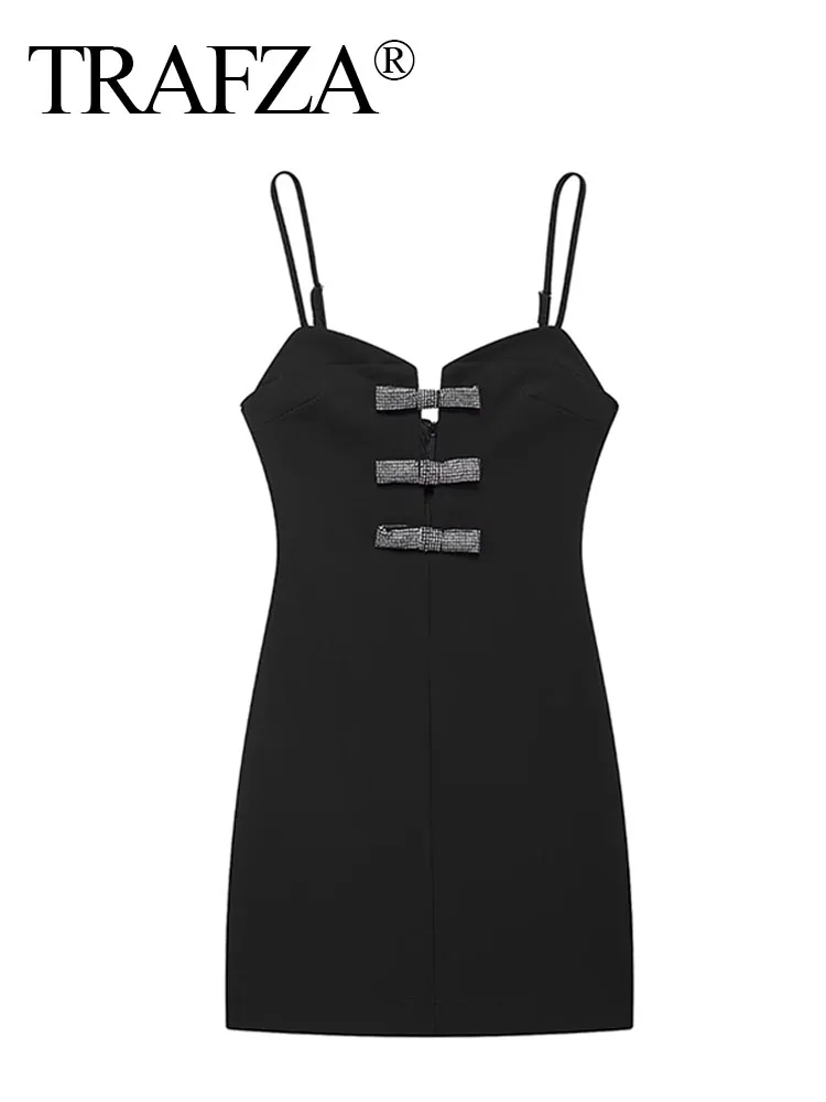 TRAFZA 2024 New Female Dress Black V Neck Sleeveless Backless Slim Mini Zipper Summer Mini Dressses Chic Party Woman Sexy Dress