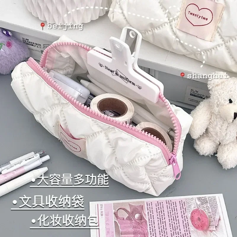 1pc Korean INS Simple White Large Capacity Pencil Case Student Stationery Girls Cute Red Heart Makeup Bag Storage Bag