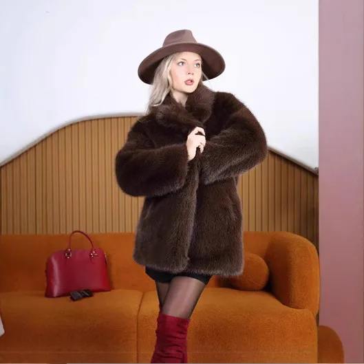 معطف شتوي نسائي بحزام من الجلد معطف فرو صديق للبيئة عتيق بني بياقة مقلوبة معطف فرو نسائي منفوش ملابس خارجية من الفرو الاصطناعي #3